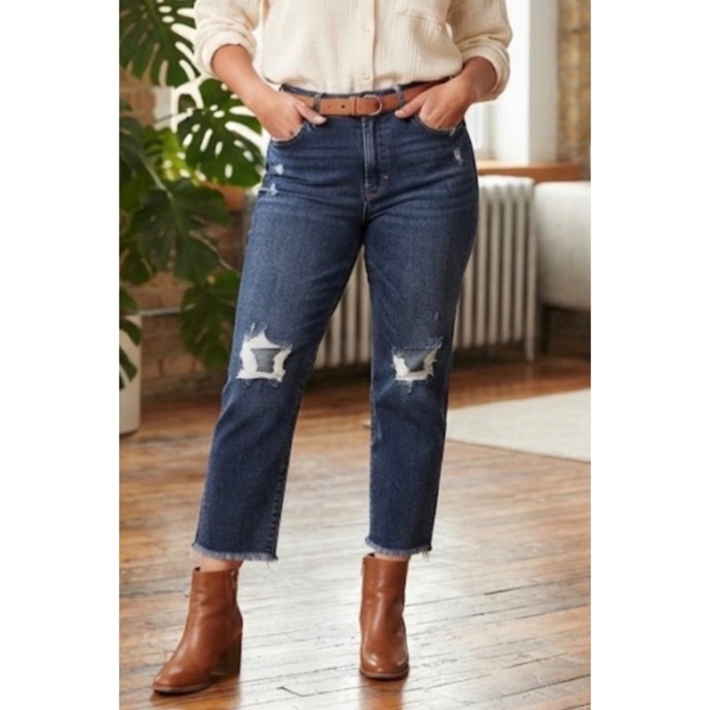 RFM Los Angeles Distressed Straight Leg Jeans Dark Wash Raw Hem Size 18